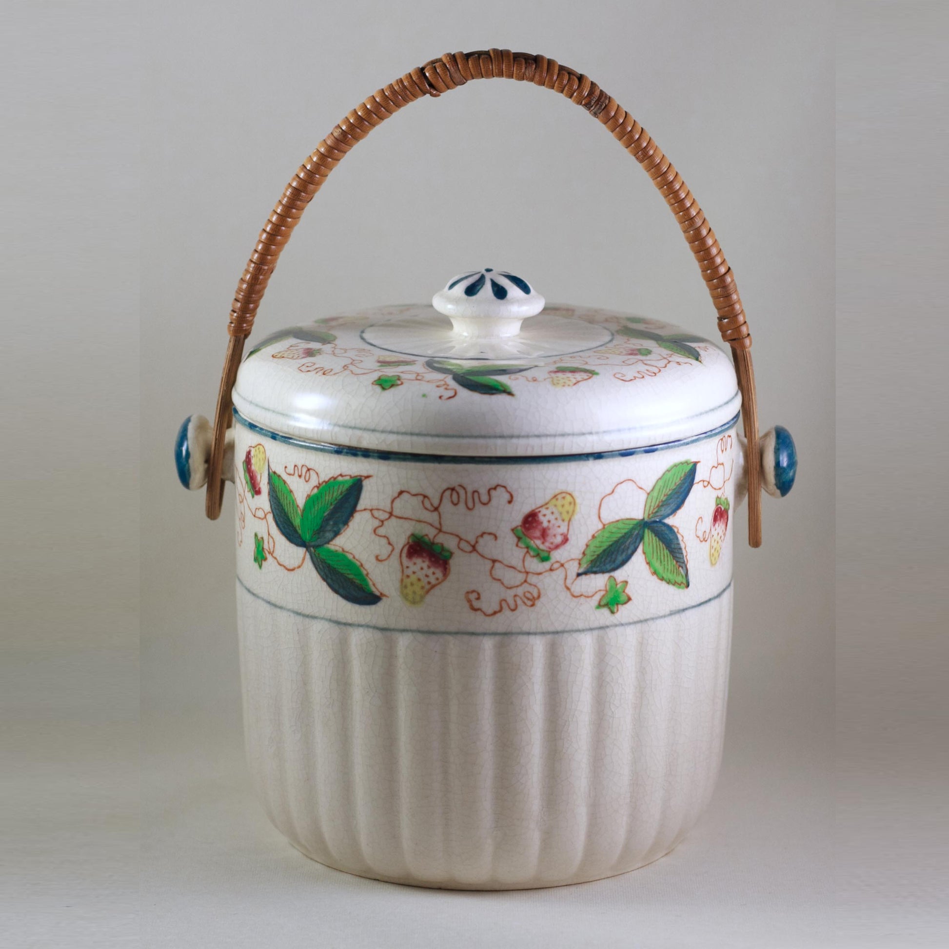 MADE IN JAPAN BISCUIT JAR with Rattan Handle Circa 1940s