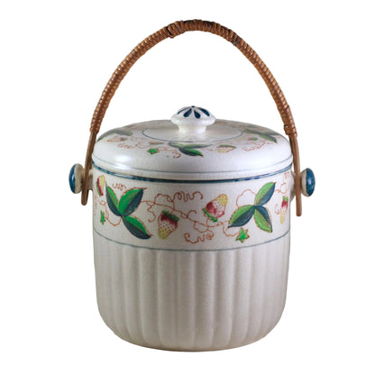 MADE IN JAPAN BISCUIT JAR with Rattan Handle Circa 1940s (1)