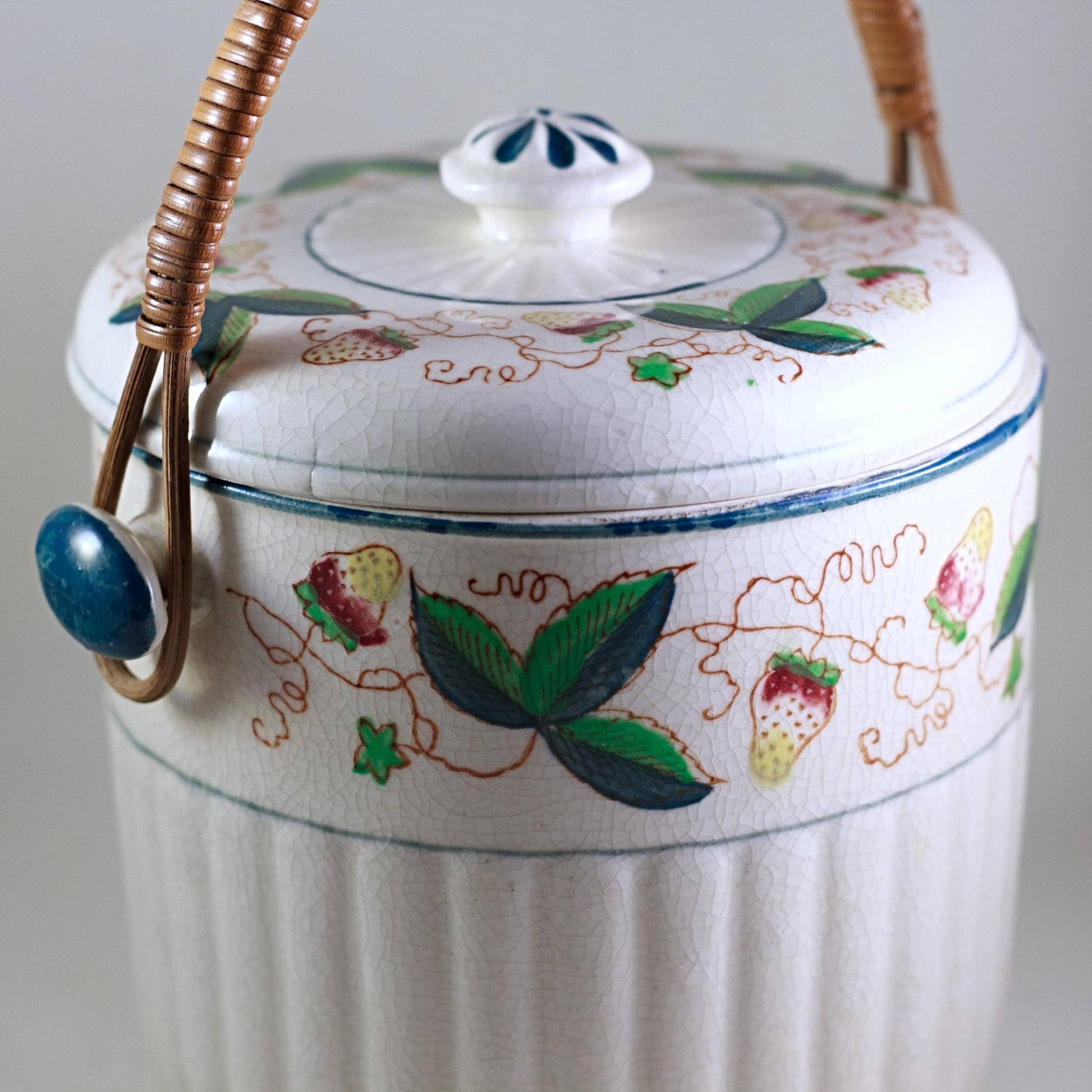 MADE IN JAPAN BISCUIT JAR with Rattan Handle Circa 1940s