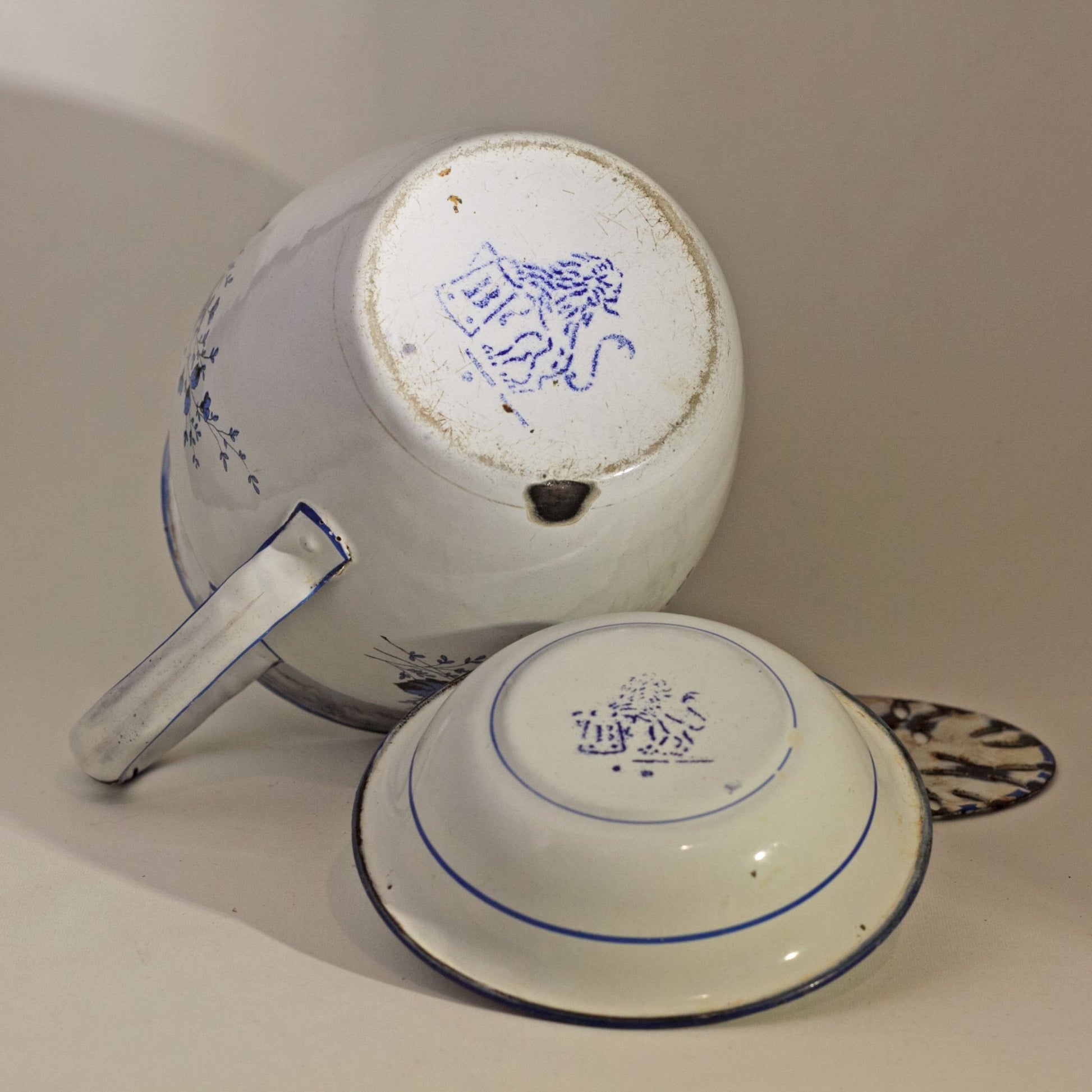 ENAMEL WARE DECORATED BOWL AND PITCHER SET by Gebrüder Baumann Circa 1885 Marked with Rampant Lion Holding Tankard with B