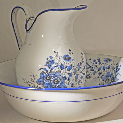 ENAMEL WARE DECORATED BOWL AND PITCHER SET by Gebrüder Baumann Circa 1885 Marked with Rampant Lion Holding Tankard with B