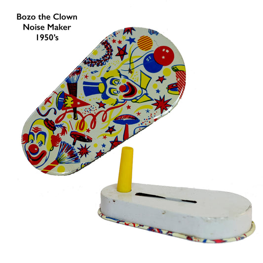 This TIN-LITHOGRAPH RATCHET-STYLE BOZO THE CLOWN NOISEMAKER from the 1950s depicts clowns resembling "Bozo the Clown". The colors are festive and bright; background is filled with noisemakers, streamers, balloons and confetti. Handle is made of yellow plastic. Appears to be made by U.S. Metal Toy but not marked.