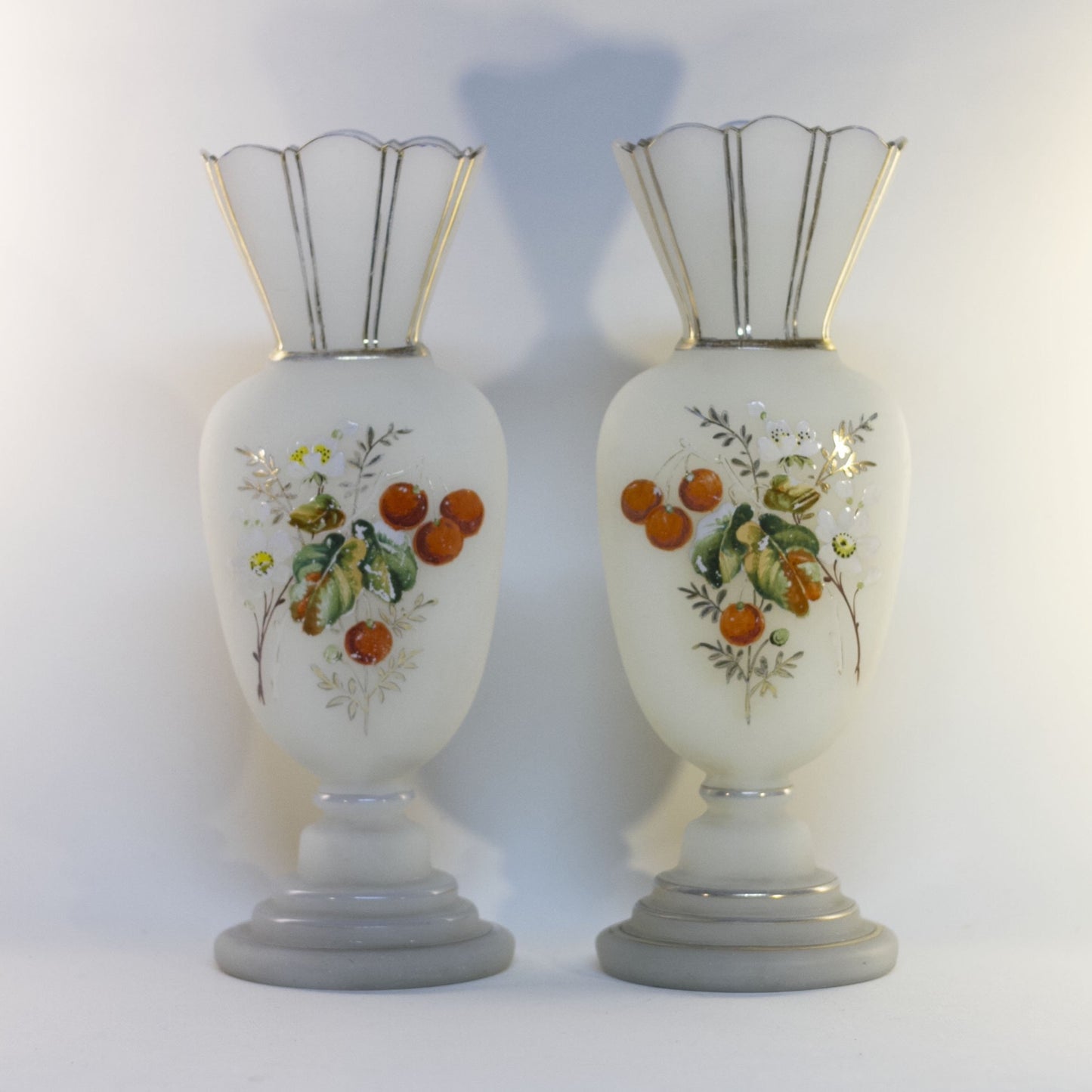 Pair of Late 19th Century Victorian Era BRISTOL GLASS WHITE MANTLE VASES Hand-Painted Cherries and Blossoms