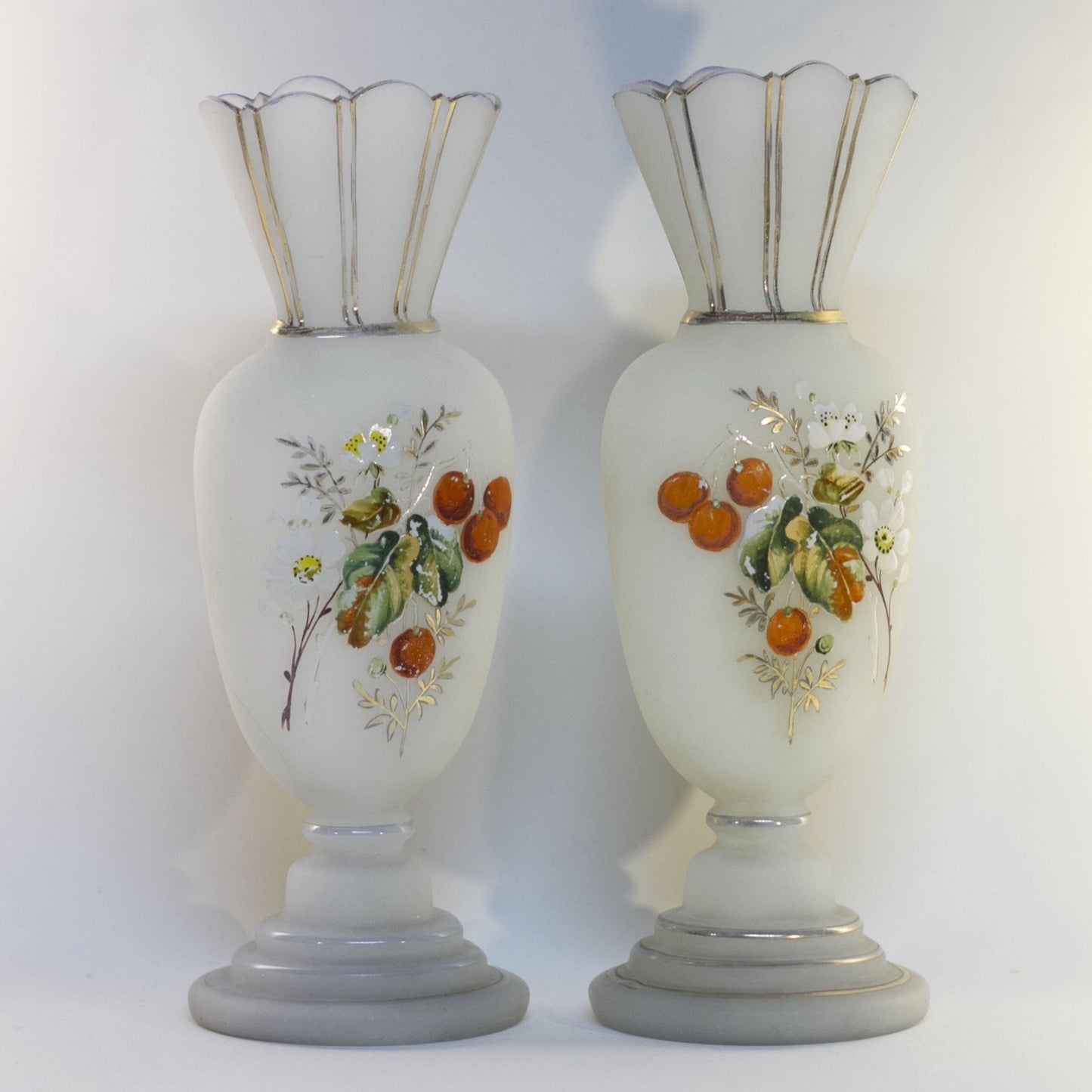 Pair of Late 19th Century Victorian Era BRISTOL GLASS WHITE MANTLE VASES Hand-Painted Cherries and Blossoms