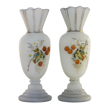 Pair of Late 19th Century Victorian Era BRISTOL GLASS WHITE MANTLE VASES Hand-Painted Cherries and Blossoms