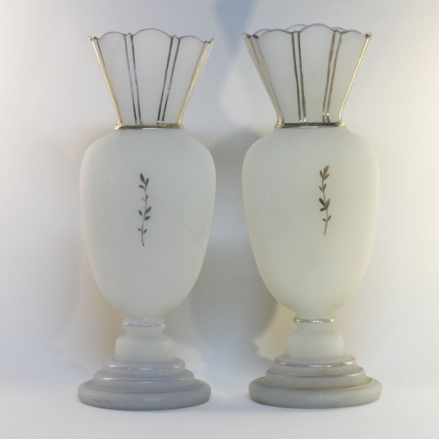 Pair of Late 19th Century Victorian Era BRISTOL GLASS WHITE MANTLE VASES Hand-Painted Cherries and Blossoms