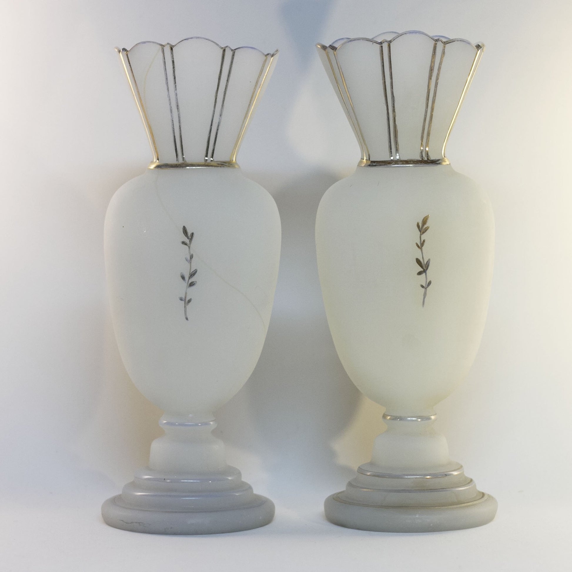 Pair of Late 19th Century Victorian Era BRISTOL GLASS WHITE MANTLE VASES Hand-Painted Cherries and Blossoms