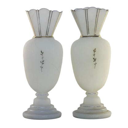 Pair of Late 19th Century Victorian Era BRISTOL GLASS WHITE MANTLE VASES Hand-Painted Cherries and Blossoms