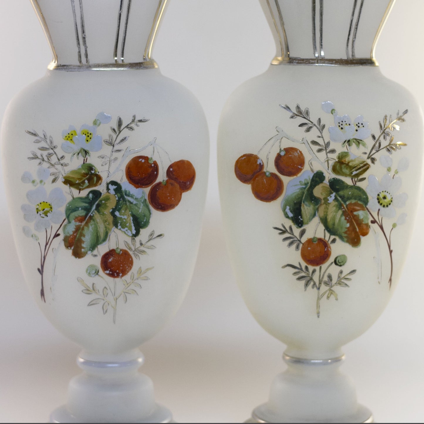 Pair of Late 19th Century Victorian Era BRISTOL GLASS WHITE MANTLE VASES Hand-Painted Cherries and Blossoms