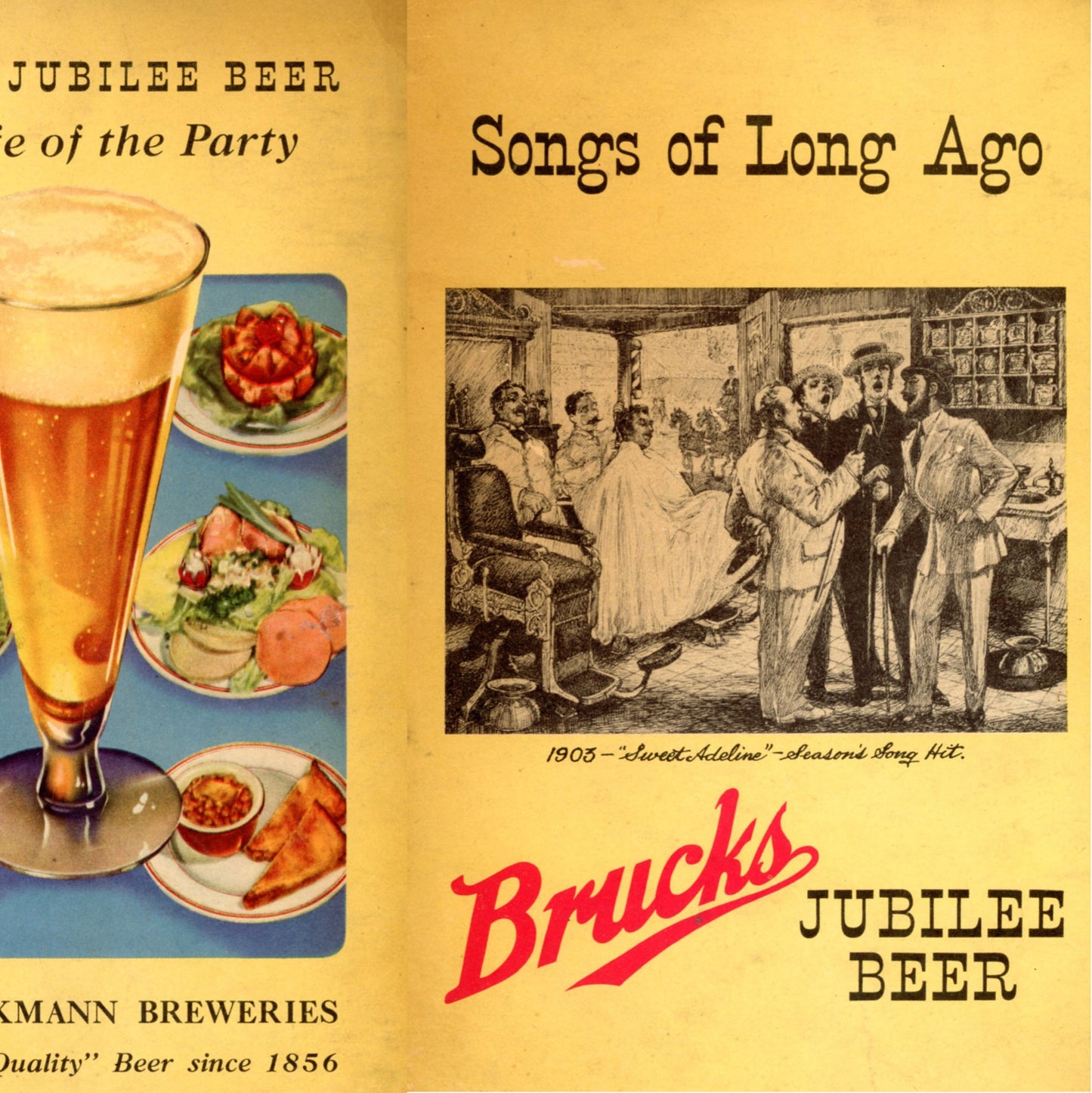 Songs of Long Ago BRUCKS JUBILEE BEER Songbook & Amber Bruckmann Beer Bottle Circa 1937 to 1945