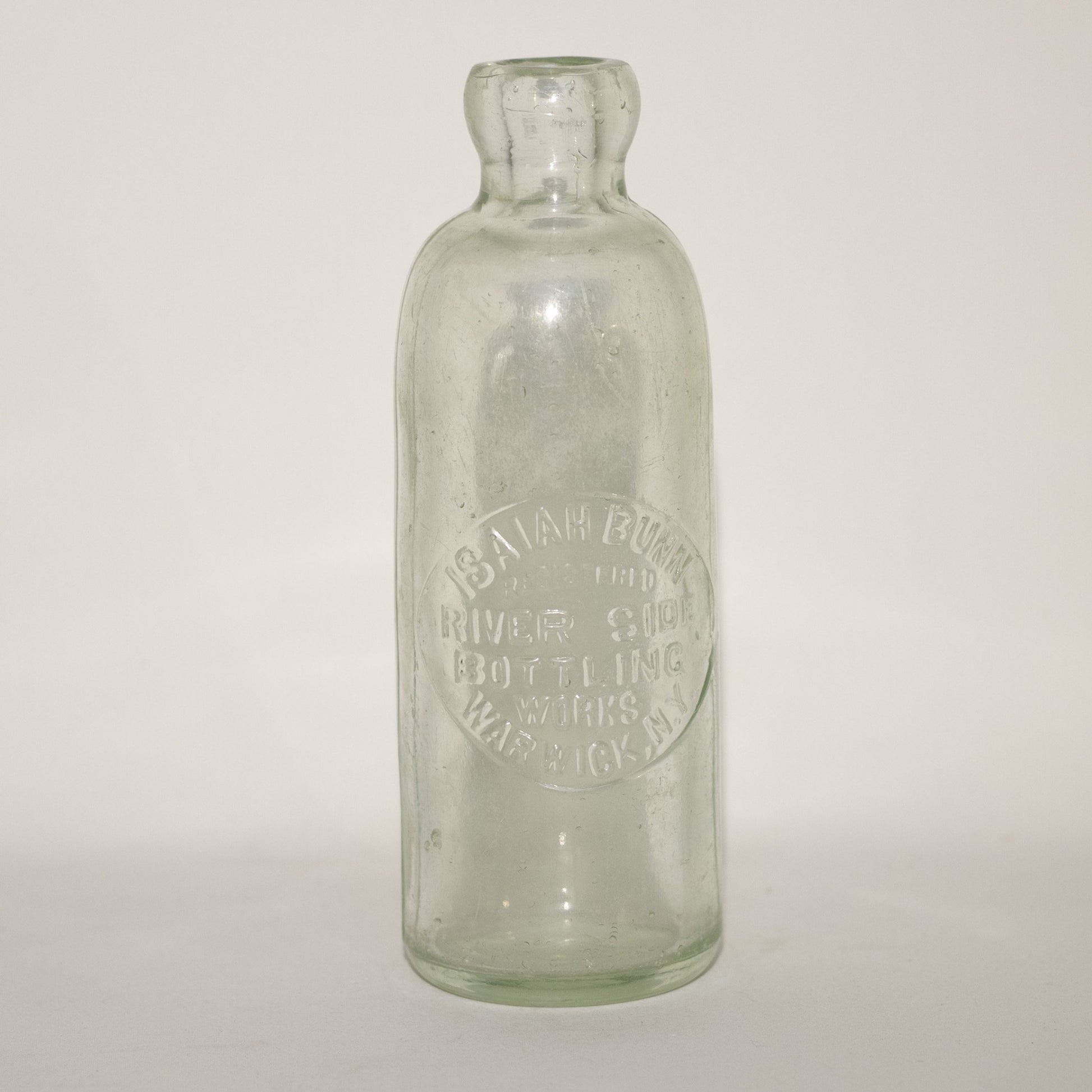ISAIAH BUNN RIVERSIDE BOTTLING WORKS Warwick, NY Rare Hutchinson Bottle with Spelling Error Circa 1888 - 1893
