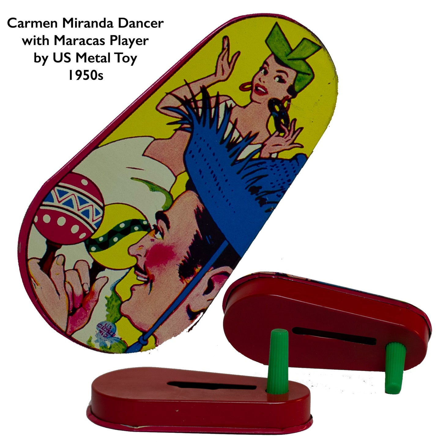 TIN-LITHOGRAPH RATCHET-STYLE CARMEN MIRANDA NOISEMAKER made by US Metal Toys from the late 1940s to 1950s with lithograph depicting "The Brazilian Bombshell, Carmen Miranda" dancing to maracas. Lithograph is in great condition with festive colors and no scratches or rust.