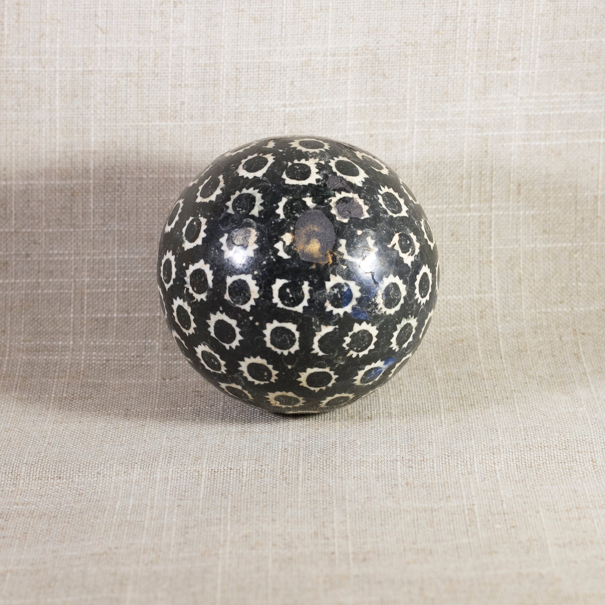 Antique VICTORIAN CARPET BALL with Black Stick-Spatter Star Design 3 ¼” Circa 1860 - 1890