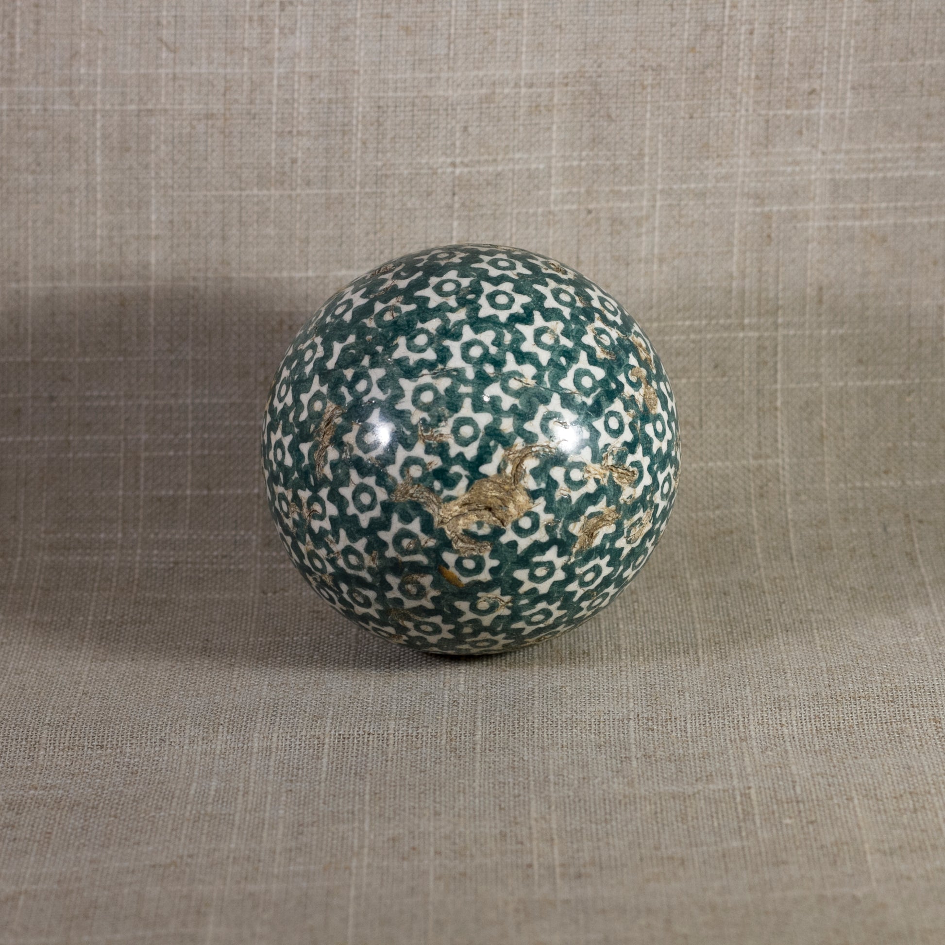Antique VICTORIAN CARPET BALL with Green Glaze Stick-Spatter Star Design 3” Circa 1860 - 1890