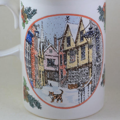 DUNOON SUE SCULLARD Bone China Mug Christmas Village with Tabby Cat