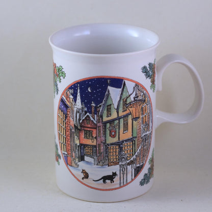 DUNOON SUE SCULLARD Bone China Mug Christmas Village with Tabby Cat