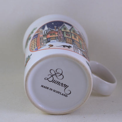 DUNOON SUE SCULLARD Bone China Mug Christmas Village with Tabby Cat
