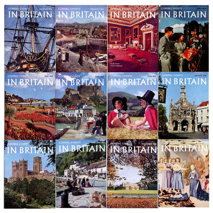 Complete 1956 set of Coming Events in Britain magazines. Vintage British travel publication with color photography, cultural articles, and mid-century appeal. 12 Covers