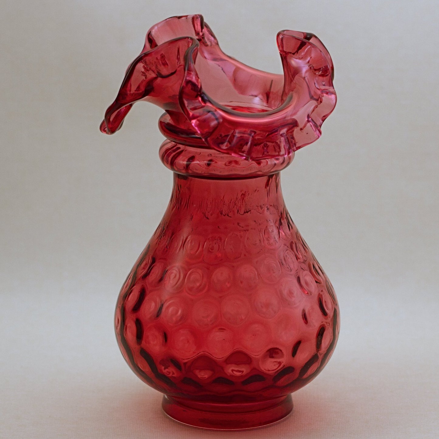 FENTON CRANBERRY ART GLASS Two-Ring Vase with Ruffled Edge in Ruby Overlay & Polka Dot Pattern Circa 1950s