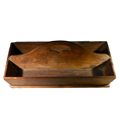 Antique Dovetailed Wood Cutlery or Tool Tray, Signed and Dated 1871 with Heart Handle