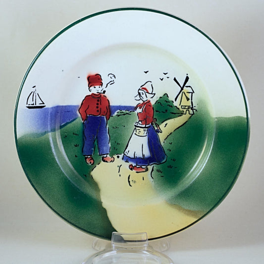 CZECHOSLOVAKIAN MARKED PLATE Windmill by the Sea Illustration with Green Trim