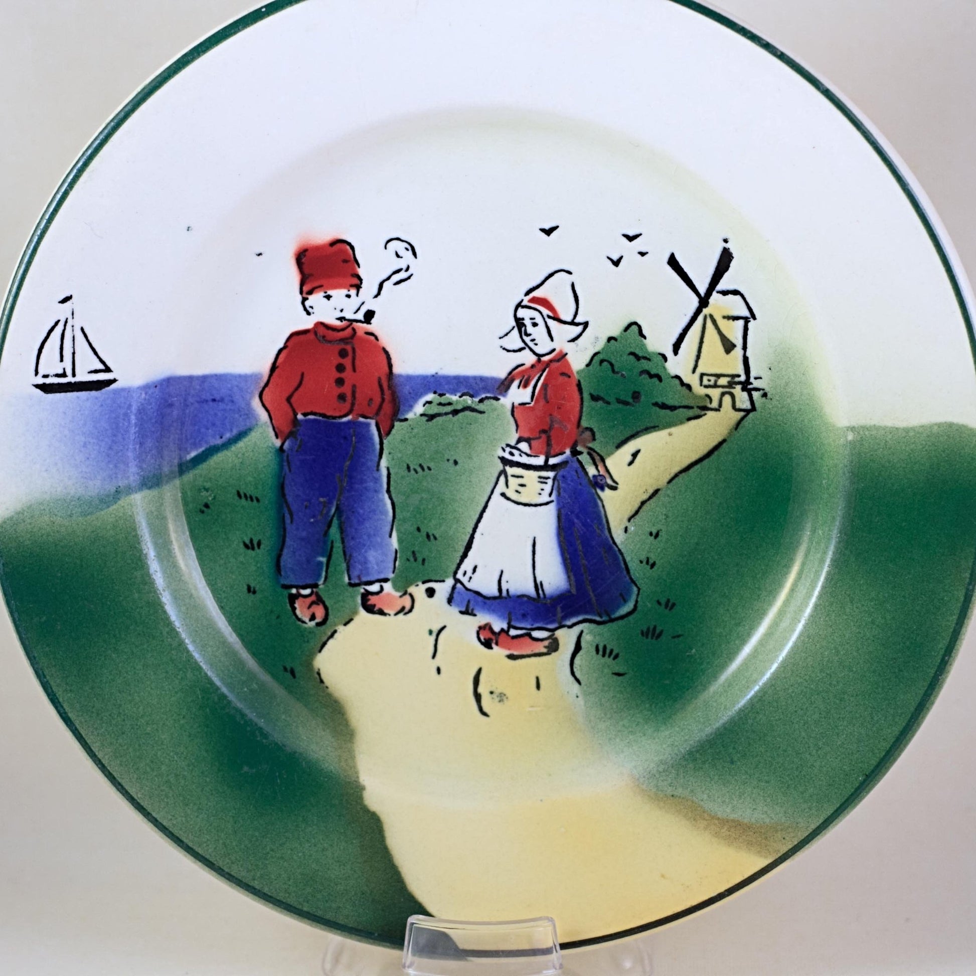 CZECHOSLOVAKIAN MARKED PLATE Windmill by the Sea Illustration with Green Trim