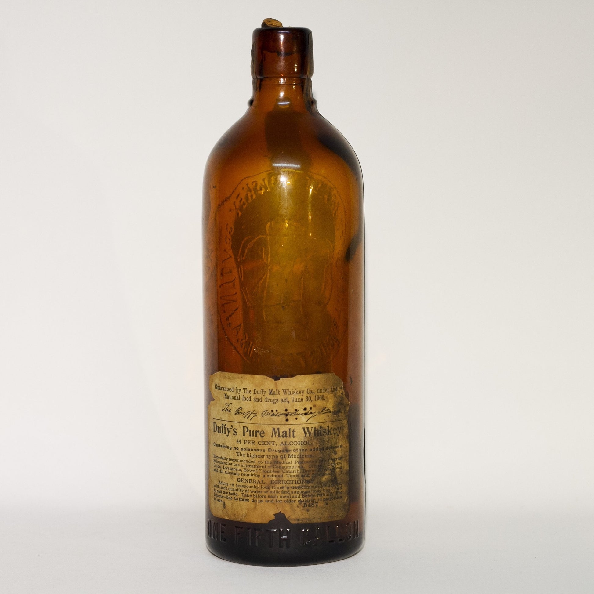 Amber Glass DUFFY'S PURE MALT WHISKEY Bottle With Original Duffy Paper Labels Circa 1910