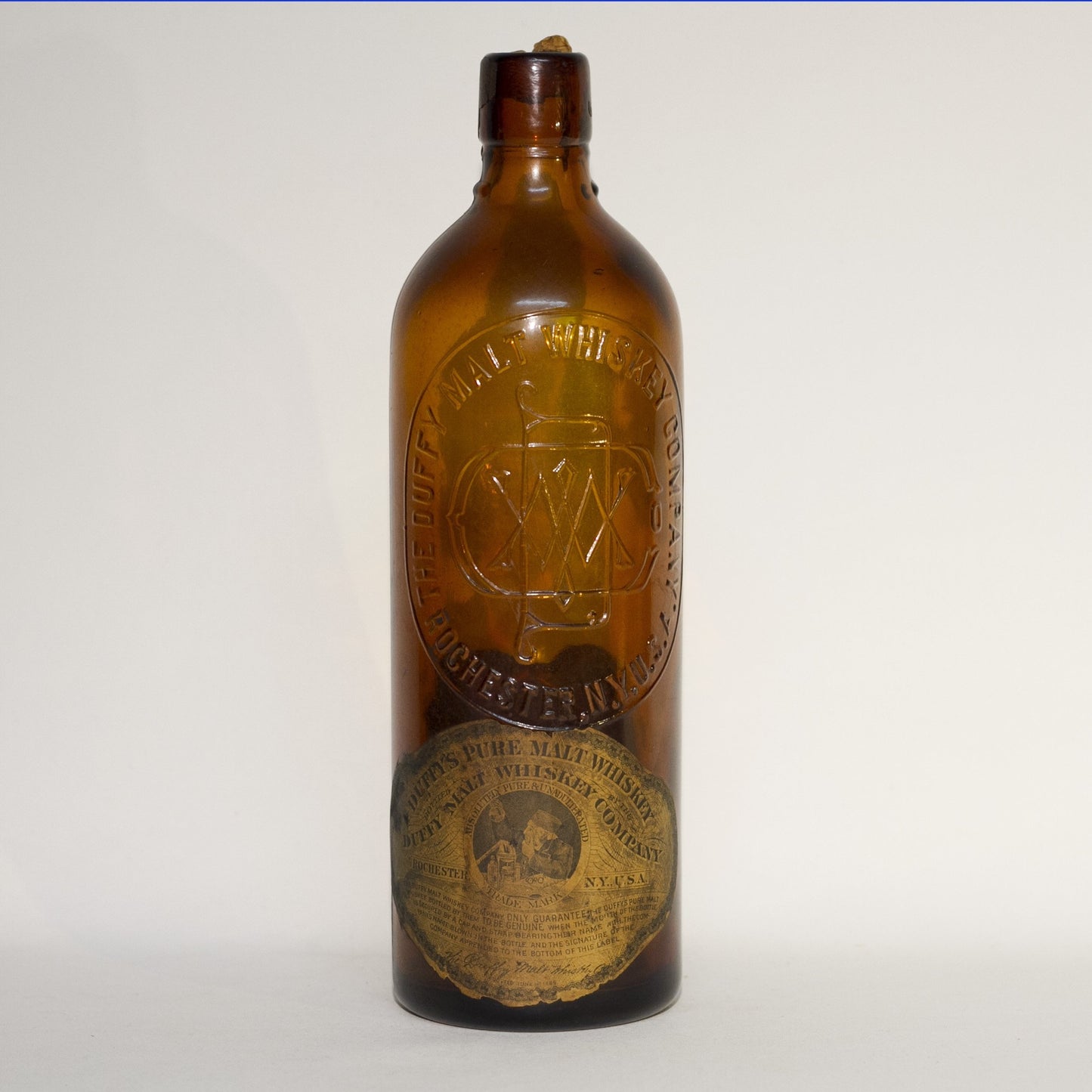 Amber Glass DUFFY'S PURE MALT WHISKEY Bottle With Original Duffy Paper Labels Circa 1910
