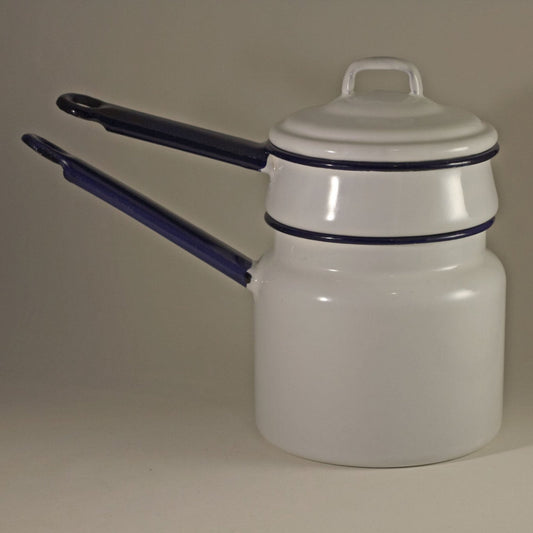 ENAMEL WARE DOUBLE BOILER White with Dark Blue Handles Circa 1940