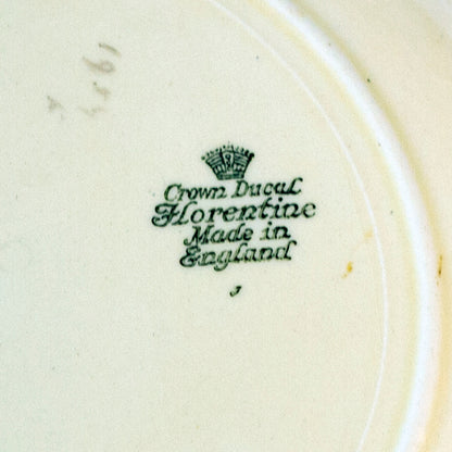 Crown Ducal Florentine dinner plate #1954 with fruit and floral design and gold rim. Fine English porcelain, collectible Mark