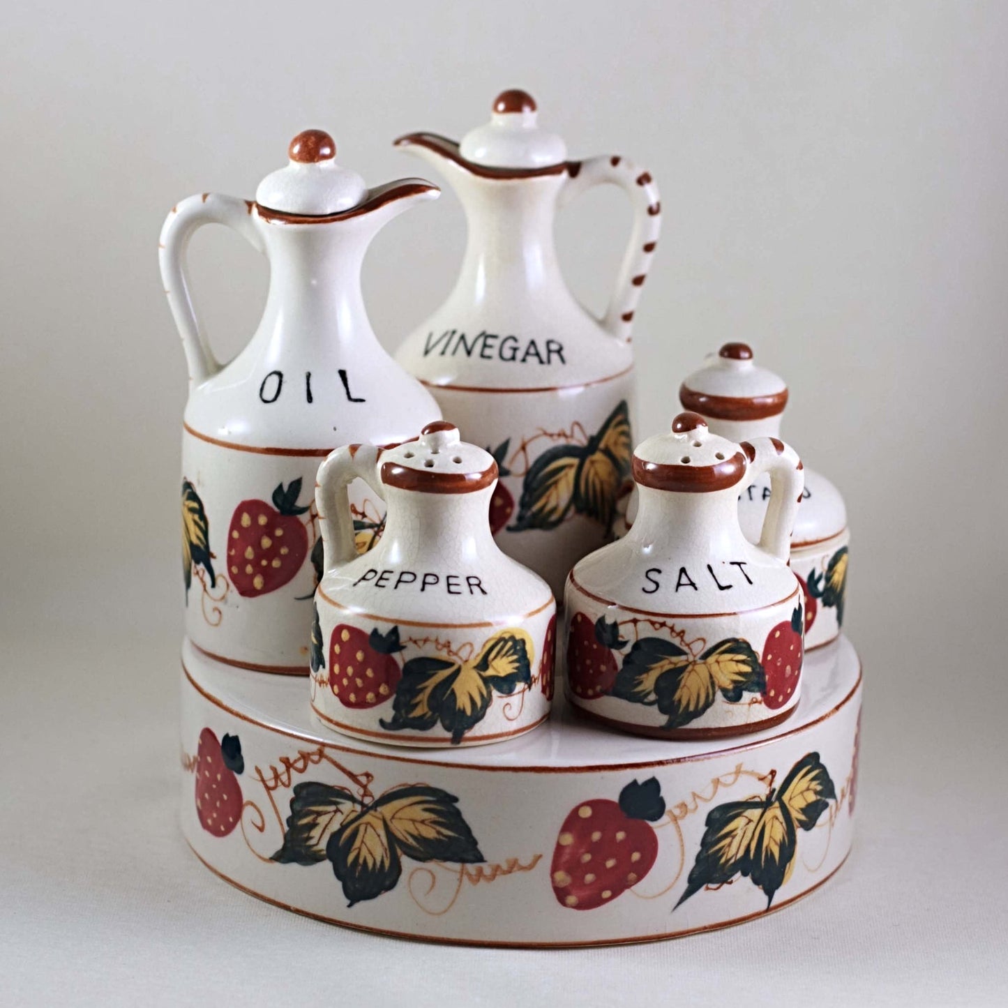 Fred Roberts Company San Francisco MADE IN JAPAN CRUET SET Decorated with Strawberries Circa 1950s
