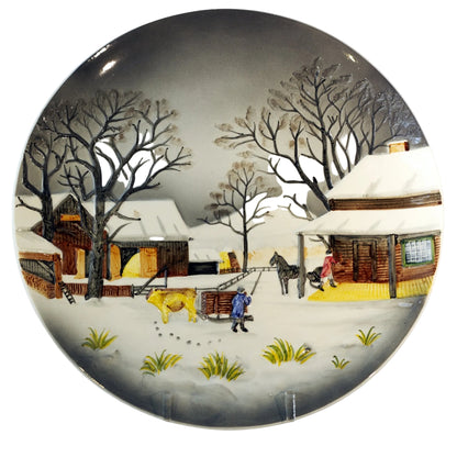 GERMANY CERAMIC 13" PLATE Hand Painted Snowy Farm Scene Circa 1950s