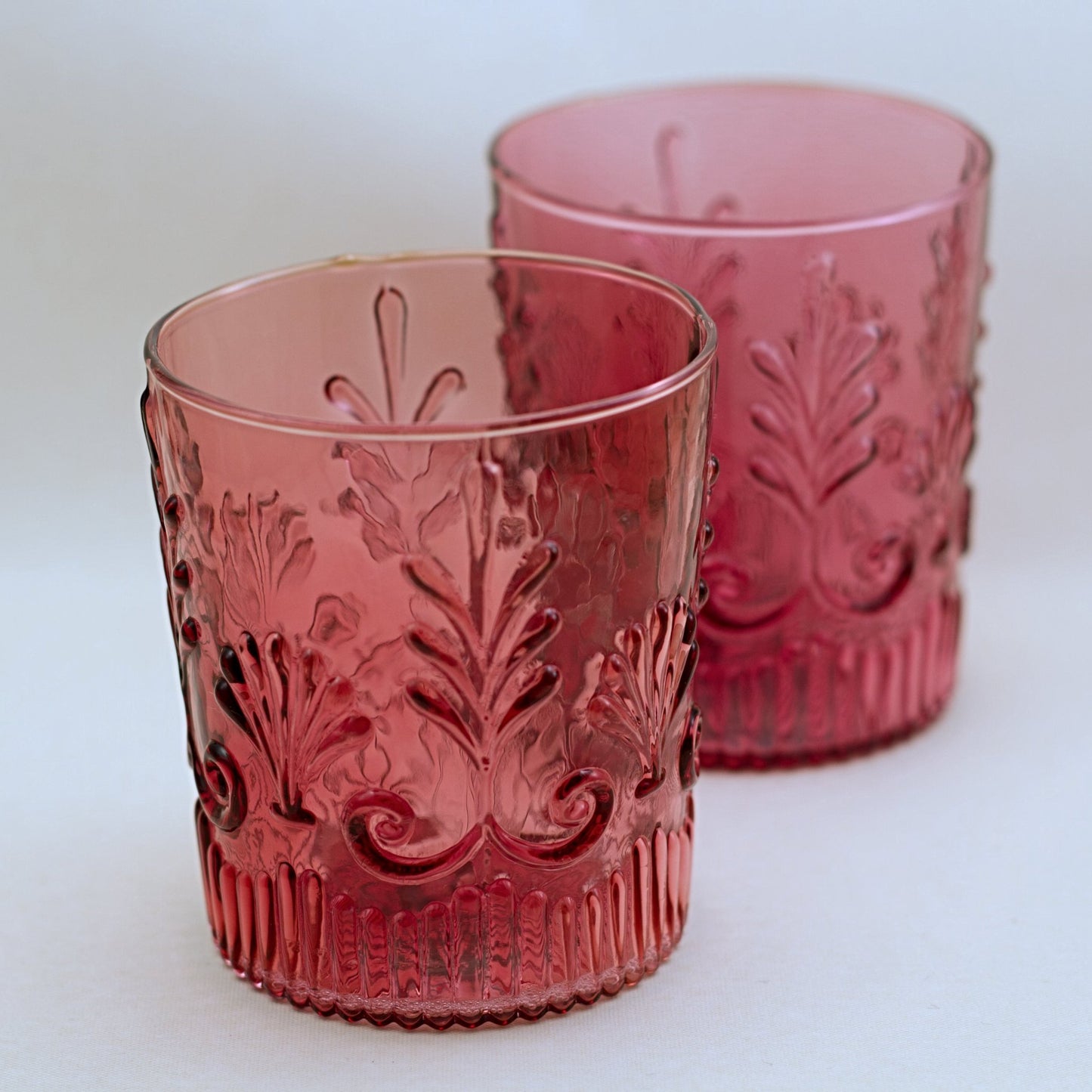 PILGRIM CRANBERRY Glass Adams Pattern Old Fashioned Glasses (Set of 2) Early Vintage Pattern