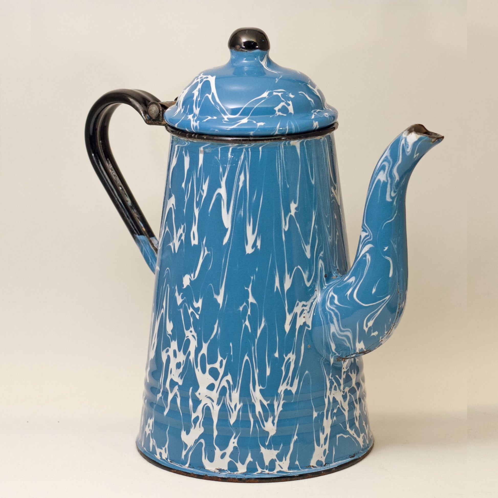 GRANITE WARE GOOSENECK TEAPOT Blue and White Swirl Circa 1880 - 1920