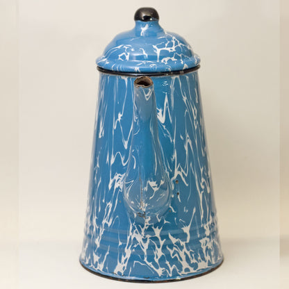 GRANITE WARE GOOSENECK TEAPOT Blue and White Swirl Circa 1880 - 1920