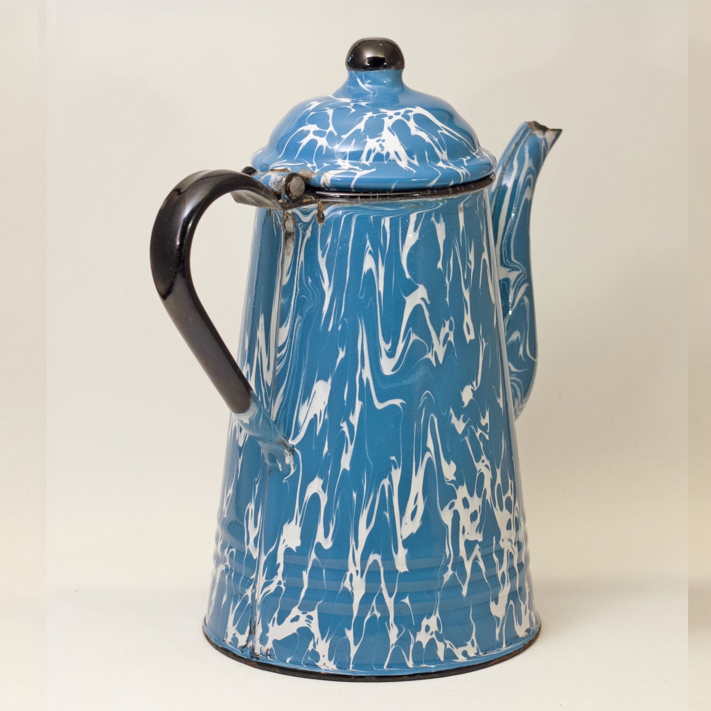 GRANITE WARE GOOSENECK TEAPOT Blue and White Swirl Circa 1880 - 1920