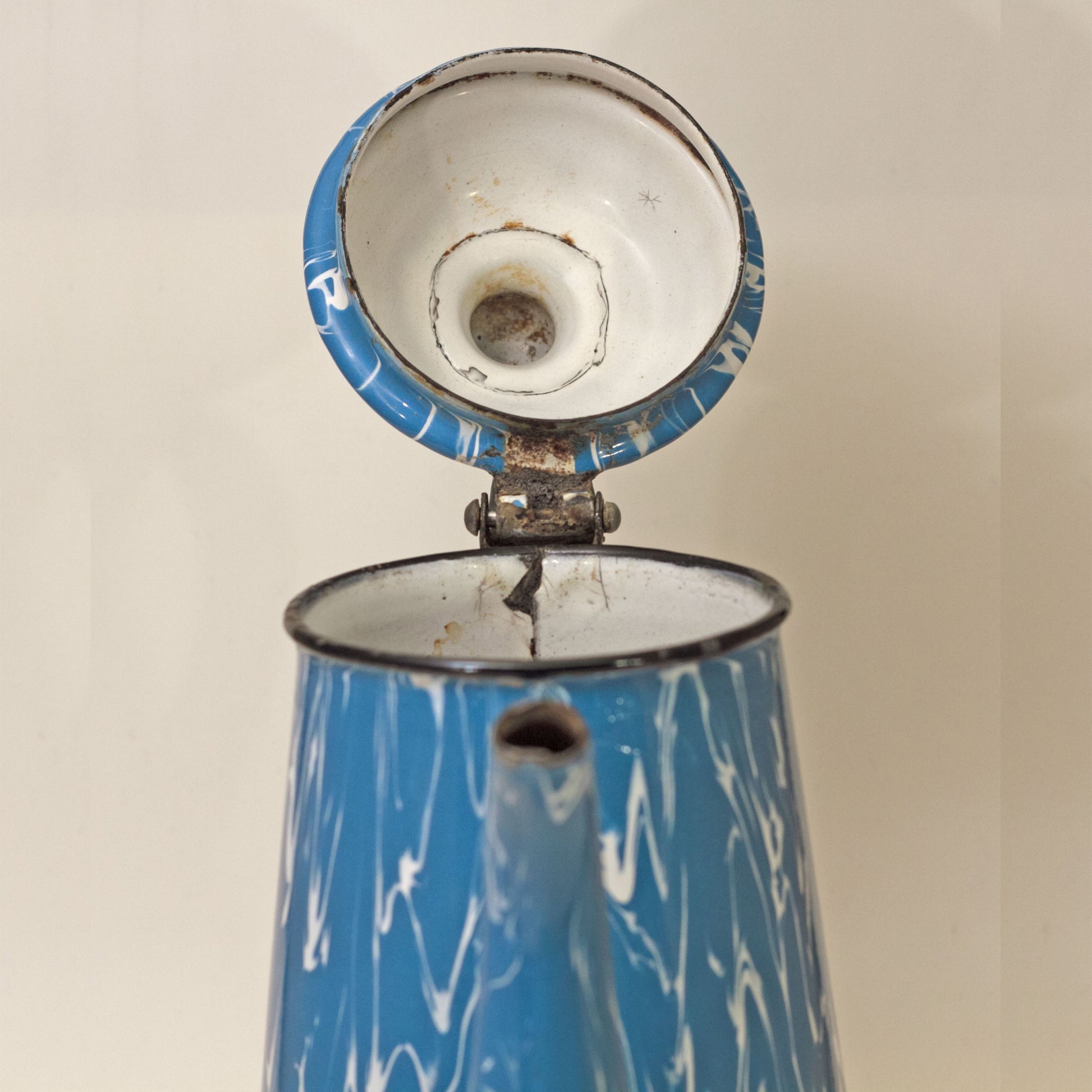 GRANITE WARE GOOSENECK TEAPOT Blue and White Swirl Circa 1880 - 1920