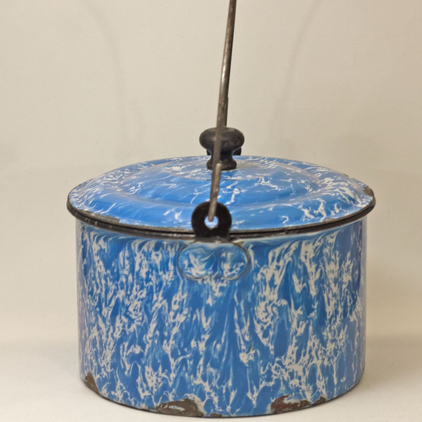 GRANITEWARE WATER PAIL with Lid Blue and White Swirl Circa 1880 - 1920