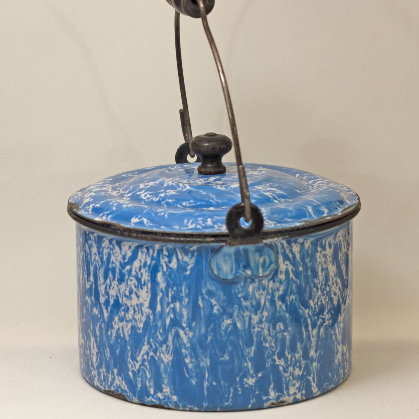 GRANITEWARE WATER PAIL with Lid Blue and White Swirl Circa 1880 - 1920