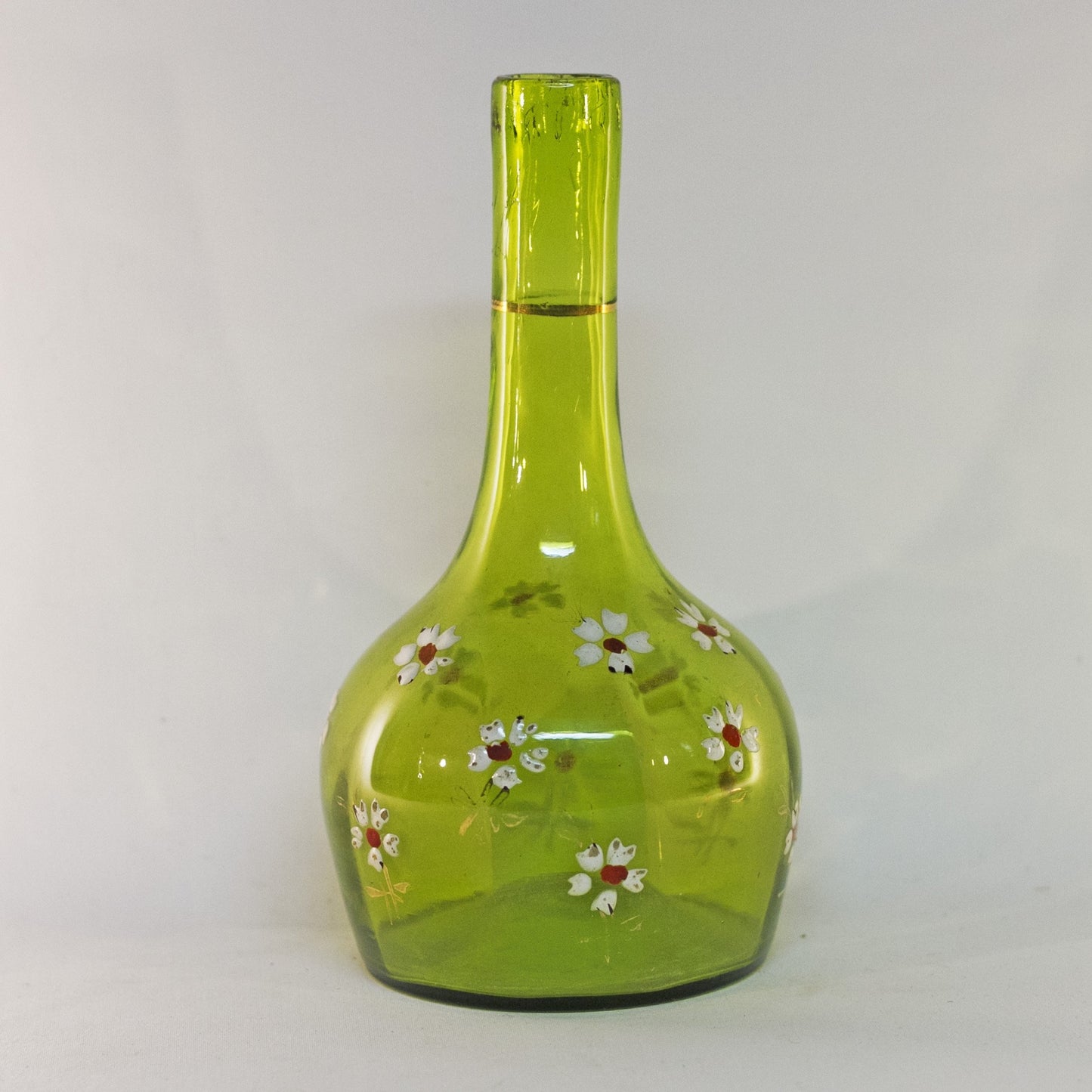 VICTORIAN ENAMELED BARBER BOTTLE Apple Green Colored Glass with Gold Gilt and Hand Painted White Enamel Daisies Circa 1880-1910