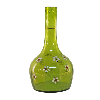 VICTORIAN ENAMELED BARBER BOTTLE Apple Green Colored Glass with Gold Gilt and Hand Painted White Enamel Daisies Circa 1880-1910