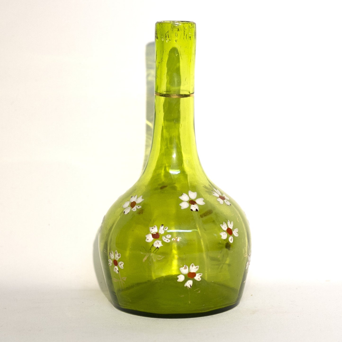 VICTORIAN ENAMELED BARBER BOTTLE Apple Green Colored Glass with Gold Gilt and Hand Painted White Enamel Daisies Circa 1880-1910