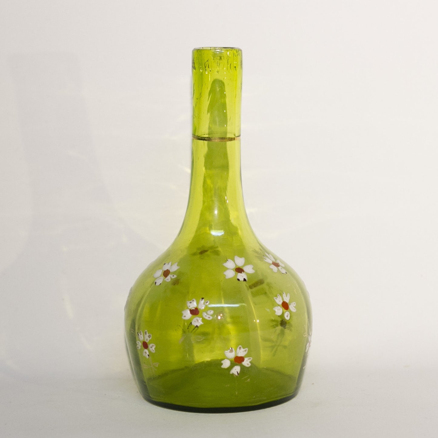 VICTORIAN ENAMELED BARBER BOTTLE Apple Green Colored Glass with Gold Gilt and Hand Painted White Enamel Daisies Circa 1880-1910