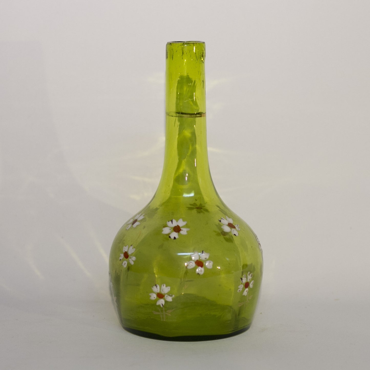 VICTORIAN ENAMELED BARBER BOTTLE Apple Green Colored Glass with Gold Gilt and Hand Painted White Enamel Daisies Circa 1880-1910
