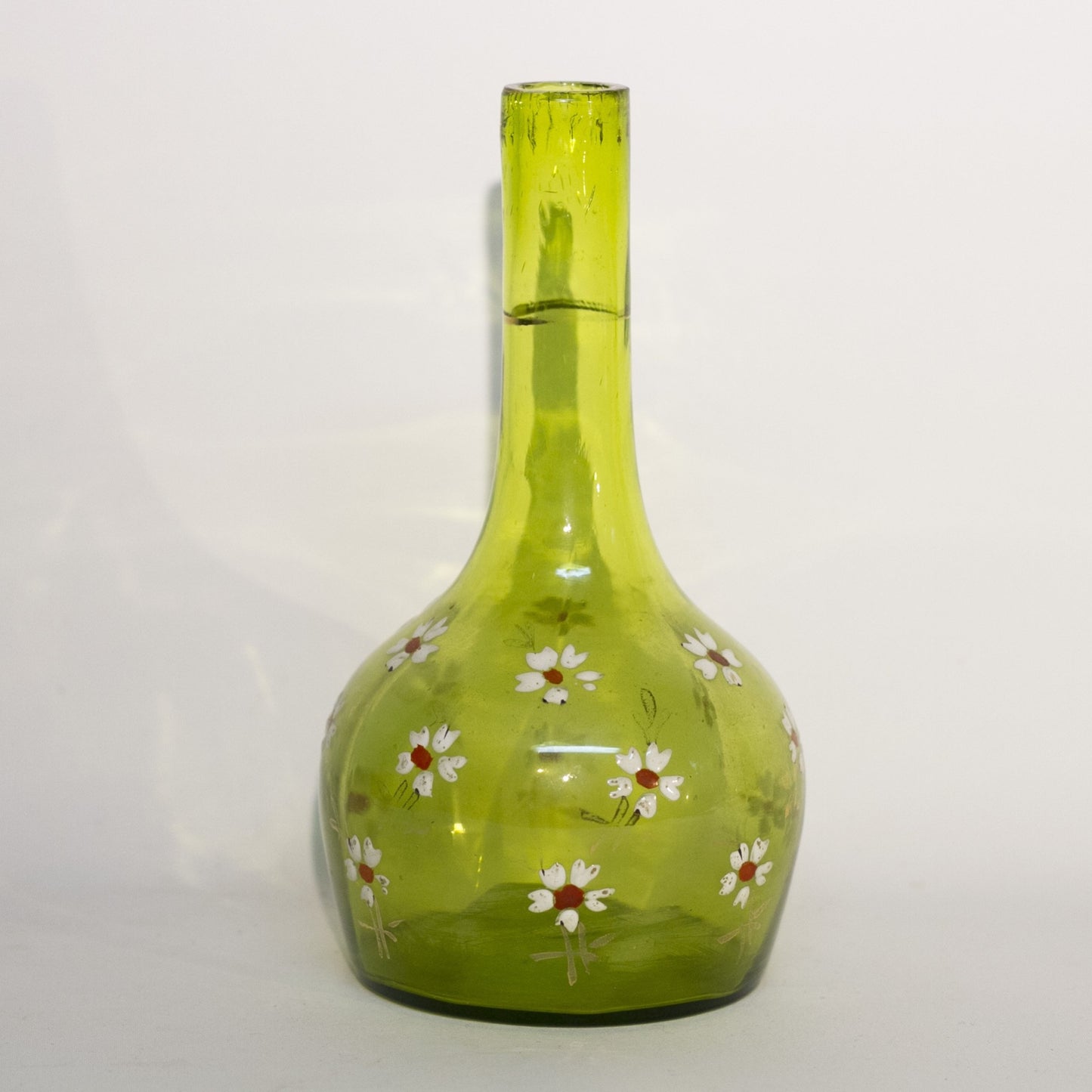 VICTORIAN ENAMELED BARBER BOTTLE Apple Green Colored Glass with Gold Gilt and Hand Painted White Enamel Daisies Circa 1880-1910