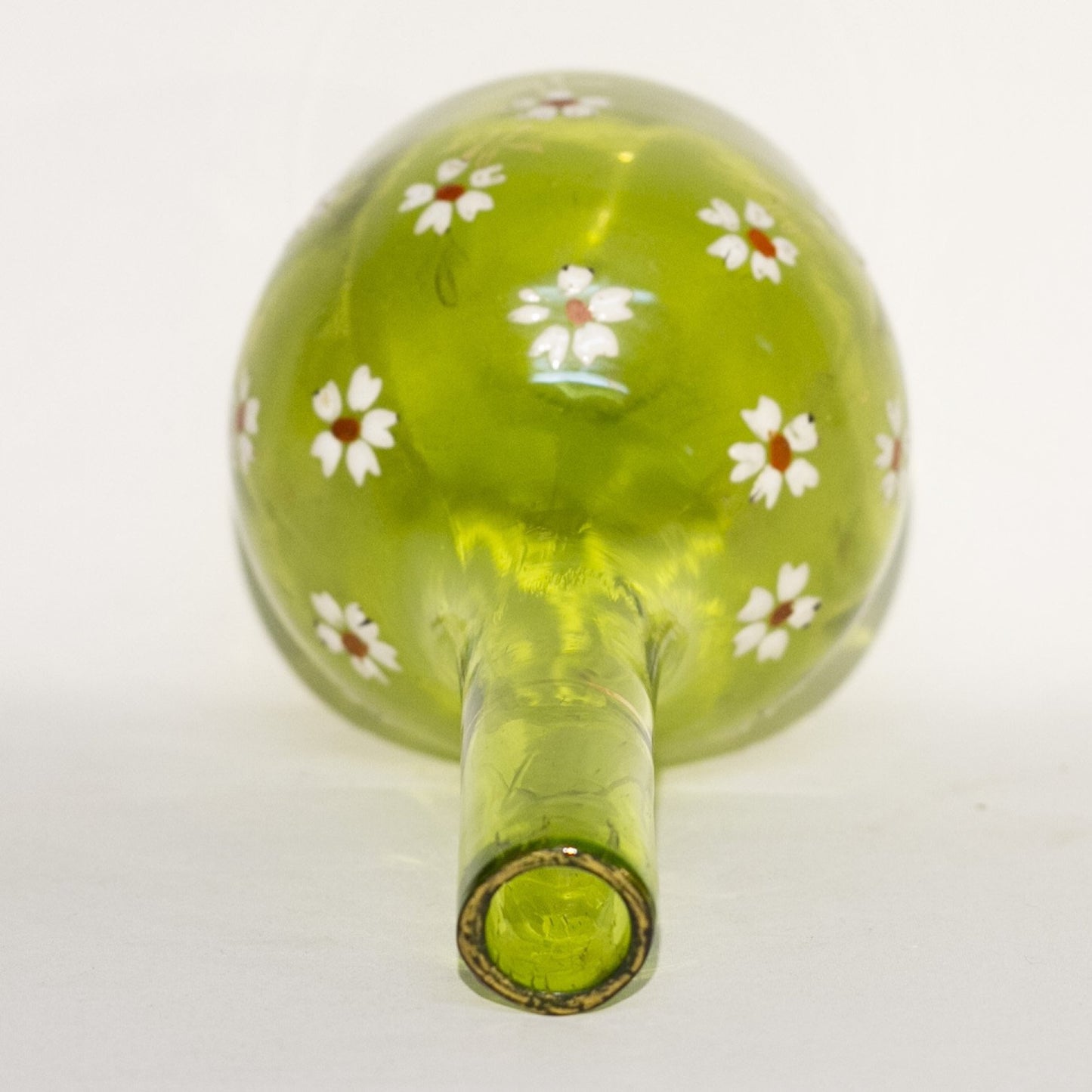 VICTORIAN ENAMELED BARBER BOTTLE Apple Green Colored Glass with Gold Gilt and Hand Painted White Enamel Daisies Circa 1880-1910