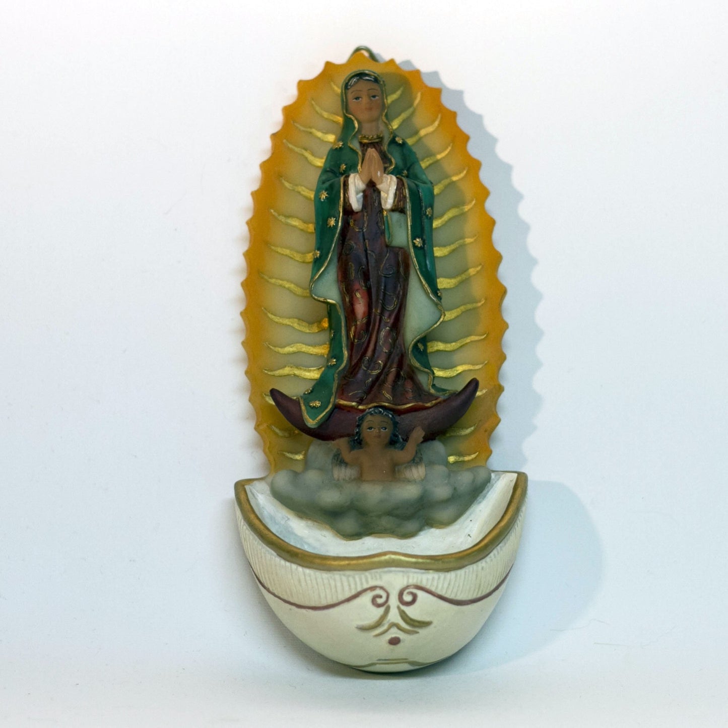 Fine Resin HOLY WATER FONT Depicting OUR LADY OF GUADALUPE Imported by Malco Florentine Collection