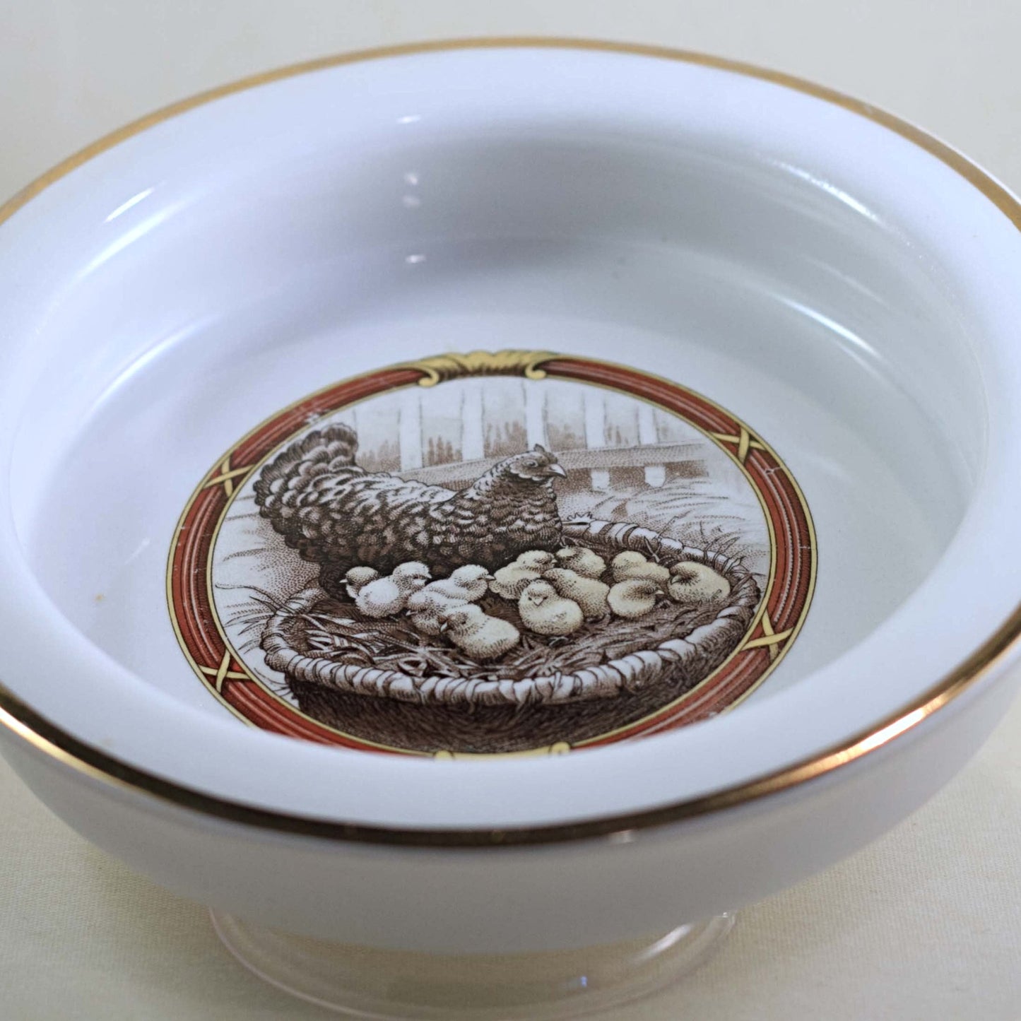 HARKER POTTERY CHILD PORRIDGE BOWL Illustrated with Hen Nesting with Baby Chicks Circa 1895