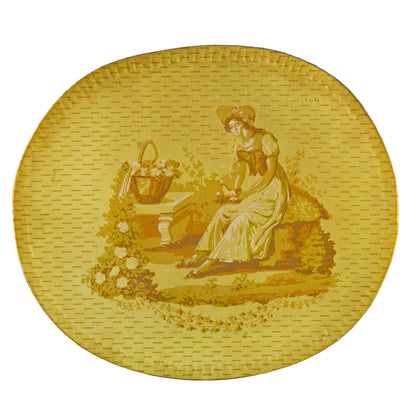 Reproduction of a "BRIDE'S BOX" made from slightly oval shaped large hat box covered in vintage yellow wallpaper featuring lambs and a Colonial girl. Inside and bottom papered with pages from the Maine Antique Digest, September 1977. Measures about 10" high by 15" in length by 13" wide.