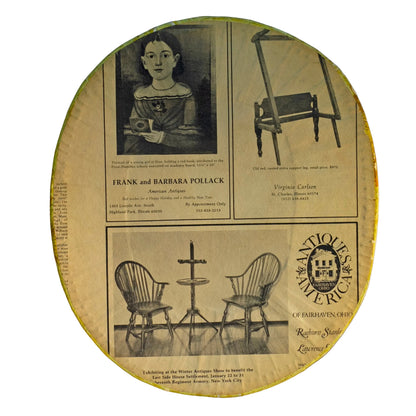 Reproduction of a "BRIDE'S BOX" made from slightly oval shaped large hat box covered in vintage yellow wallpaper featuring lambs and a Colonial girl. Inside and bottom papered with pages from the Maine Antique Digest, September 1977. Measures about 10" high by 15" in length by 13" wide.